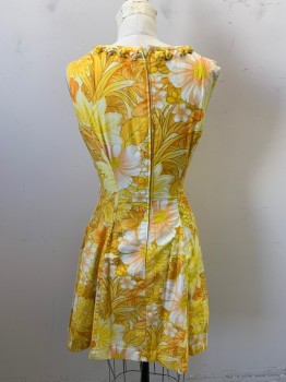 TIZZIE, Yellow, Orange, Turmeric Yellow, Cotton, Floral, Scoop Neck, Sleeveless, Drop Braided Knots From Neck, Zip Back, Knee Length,