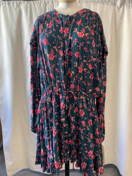 Womens, Dress, Long & 3/4 Sleeve, FREE PEOPLE, Emerald Green, Hot Pink, Orange, Viscose, Floral, S, V-neck, Button Front, Long Sleeves, Gathered at Waist with Drawstring