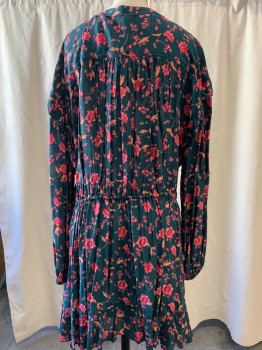 Womens, Dress, Long & 3/4 Sleeve, FREE PEOPLE, Emerald Green, Hot Pink, Orange, Viscose, Floral, S, V-neck, Button Front, Long Sleeves, Gathered at Waist with Drawstring