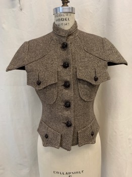 YAYA, Brown, Tan Brown, Gold, Wool, Lurex, Solid, Button Front, Stand Collar, Button Front, Cap Sleeves, Pointed Front Yoke, 2 Flap Pockets, 4 Flaps, Cropped