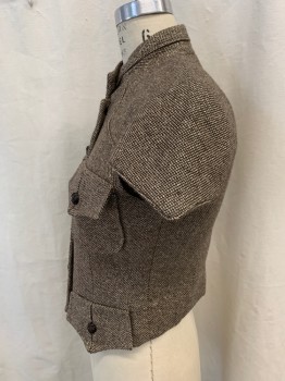 YAYA, Brown, Tan Brown, Gold, Wool, Lurex, Solid, Button Front, Stand Collar, Button Front, Cap Sleeves, Pointed Front Yoke, 2 Flap Pockets, 4 Flaps, Cropped