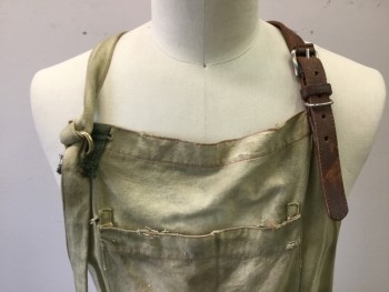 N/L, Cream, Brown, Green, Blue, Cotton, Leather, Solid, Aged/Distressed, 1 Leather Shoulder Strap & 1 Cotton Criss Cross Back, Multiple Patch Pockets, Web Belt Applique with Hints of Color Here & There
