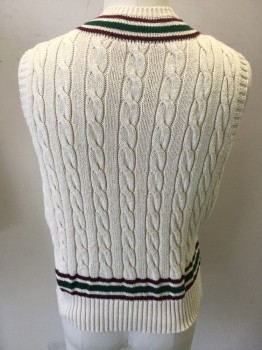 Mens, Sweater Vest, R.L. POLO, Cream, Red Burgundy, Dk Green, Cotton, Cable Knit, Stripes, L, V-neck, Pullover, Cream with Burg & Green Striped Trim
