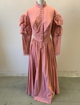 Womens, Historical Fiction Dress, N/L MTO, Rose Pink, Lt Pink, Cotton, Calico , Leaves/Vines , W:25, W:34, Long Sleeves, Self Fabric Covered Buttons at Front, Stand Collar, Pink Gimp Trim, 2 Tiers of Puffy Gathers at Sleeves, Floor Length, Gathered at Waist, Prairie Pioneer Woman, Made To Order
