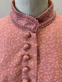 N/L MTO, Rose Pink, Lt Pink, Cotton, Calico , Leaves/Vines , Long Sleeves, Self Fabric Covered Buttons at Front, Stand Collar, Pink Gimp Trim, 2 Tiers of Puffy Gathers at Sleeves, Floor Length, Gathered at Waist, Prairie Pioneer Woman, Made To Order