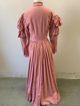 N/L MTO, Rose Pink, Lt Pink, Cotton, Calico , Leaves/Vines , Long Sleeves, Self Fabric Covered Buttons at Front, Stand Collar, Pink Gimp Trim, 2 Tiers of Puffy Gathers at Sleeves, Floor Length, Gathered at Waist, Prairie Pioneer Woman, Made To Order