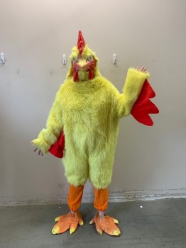 Unisex, Walkabout, MTO, Yellow, Red, Synthetic, Solid, Girth, C40, 66, 4 Piece CHICKEN, Long Fur Body with Velcro Center Back, Red Felt 'Waddle' Wings, Includes Head, Feet, & Leg Covers