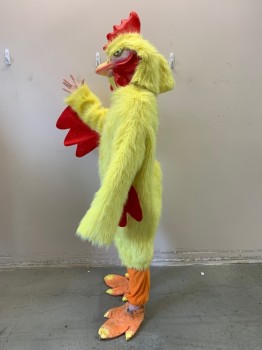 MTO, Yellow, Red, Synthetic, Solid, 4 Piece CHICKEN, Long Fur Body with Velcro Center Back, Red Felt 'Waddle' Wings, Includes Head, Feet, & Leg Covers