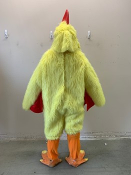 Unisex, Walkabout, MTO, Yellow, Red, Synthetic, Solid, Girth, C40, 66, 4 Piece CHICKEN, Long Fur Body with Velcro Center Back, Red Felt 'Waddle' Wings, Includes Head, Feet, & Leg Covers