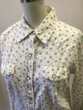 Womens, Shirt, I LOVE H81, White, Pink, Green, Cotton, Floral, S, Tiny Floral Pattern, Long Sleeves, Snap Front, Collar Attached, Western Style Yoke and Pocket Flaps, 2 Pockets with Button Flap Closures, Fitted