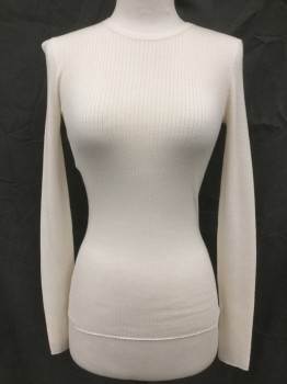 THEORY, Cream, Wool, Solid, Ribbed Knit, Crew Neck, Long Sleeves