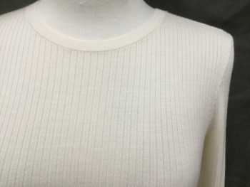 THEORY, Cream, Wool, Solid, Ribbed Knit, Crew Neck, Long Sleeves