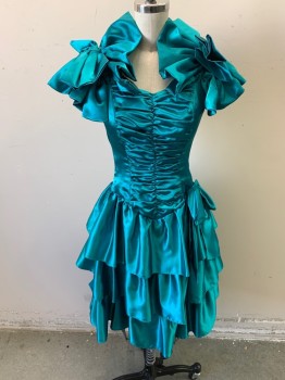 NL, Teal Green, Polyester, Solid, Sleeveless, Large Bow and Flounce Shoulders, Zip Back, Ruched Bodice, Sweetheart Neck, 3 Tiered Flounce Skirt, Above Knee,