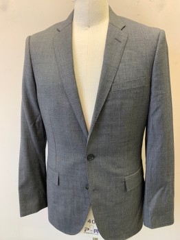 J CREW, Gray, Wool, Solid, Single Breasted, 2 Buttons, Notched Lapel, Pick Stitched, 3 Buttons,