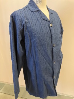 Mens, Sleepwear PJ Top, BROOKS BROS, Navy Blue, Cotton, Solid, M, L/S, B.F., C.A., 1 Pckt, Seer Sucker