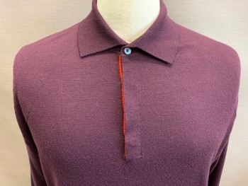 Mens, Pullover Sweater, PAUL SMITH, Aubergine Purple, Wool, Solid, L, Polo, Long Sleeves, Red Detail at the 4 Buttons