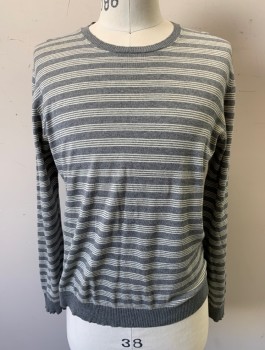 Mens, Pullover Sweater, U COLORS OF BENETTON, Gray, Cream, Silk, Cotton, Stripes - Horizontal , M, Knit, Long Sleeves, Crew Neck