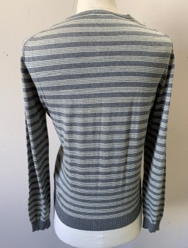 Mens, Pullover Sweater, U COLORS OF BENETTON, Gray, Cream, Silk, Cotton, Stripes - Horizontal , M, Knit, Long Sleeves, Crew Neck