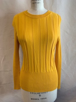 Womens, Pullover, NINE WEST, Yellow, Rayon, Nylon, Solid, S, Crew Neck, Long Sleeves, Ribbed