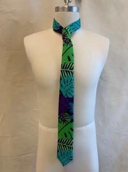 Mens, Suit, Vest, OPPO SUITS, Multi-color, Navy Blue, Lime Green, Turquoise Blue, Purple, Polyester, Tropical , Bright Tropical Pattern - Navy with Lime, Turquoise, Purple, Aqua, Green Tropical Palm Fronds, Skinny Tie