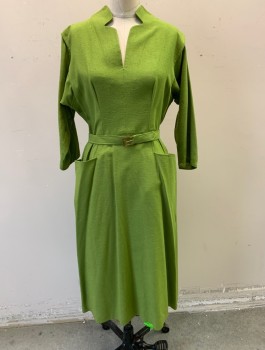 N/L, Avocado Green, Cotton, Solid, Slubbed Texture Fabric, 3/4 Dolman Slvees, Unusual Narrow V-neck with Curved Notch Detail, Straight Fit Skirt with 2 Pockets at Hips, Knee Length, **With Matching BELT