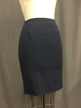 BROOKS BROTHERS, Navy Blue, Lt Blue, Wool, Lycra, Stripes, Pencil, Length Below Knee. Center Back Slit