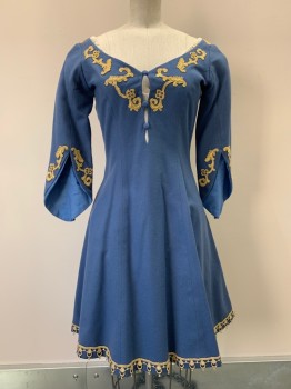 Womens, Historical Fiction Dress, FRANK HELMER, French Blue, Gold, Off White, Wool, Cotton, Solid, Brocade, W26, B30, Long Sleeves With Slit, V Neck, Under Shirt Attached, 3 Buttons, Gold Embroiderred Detail And Bottom Trim, Back Lace Up, Flared Skirt, Vertical Seams