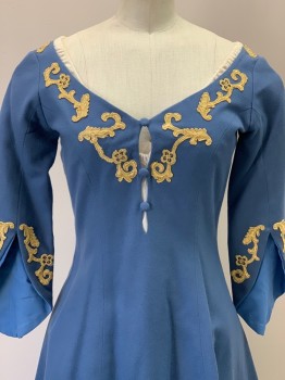 FRANK HELMER, French Blue, Gold, Off White, Wool, Cotton, Solid, Brocade, Long Sleeves With Slit, V Neck, Under Shirt Attached, 3 Buttons, Gold Embroiderred Detail And Bottom Trim, Back Lace Up, Flared Skirt, Vertical Seams