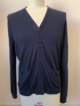 Mens, Cardigan Sweater, J. CREW, Navy Blue, Linen, Solid, XL, L/S, V Neck, Button Front, Top Pockets