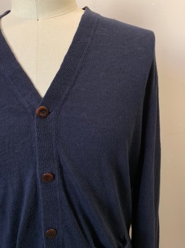 Mens, Cardigan Sweater, J. CREW, Navy Blue, Linen, Solid, XL, L/S, V Neck, Button Front, Top Pockets