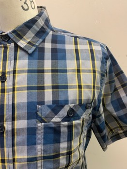 Mens, Casual Shirt, ECKO UNLTD., Gray, Navy Blue, Yellow, Dk Blue, Cotton, Polyester, Plaid, M, Collar Attached, Button Front, Short Sleeves, 1 Pocket