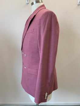 Mens, Sportcoat/Blazer, TOPMAN, Mauve Pink, Polyester, Viscose, Heathered, 42R, L/S, 4 Buttons, Double Breasted, Peaked Lapel, 3 Pockets,