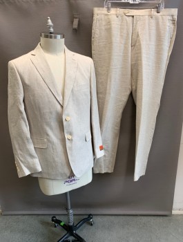 ENZO, Beige, Linen, Notched Lapel, Single Breasted, Button Front, 2 Buttons, 3 Pockets