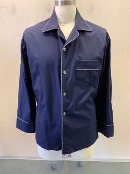 Mens, Sleepwear PJ Top, ANTO MTO, Navy Blue, Cotton, 44, Self Pattern, C.A., Button Front, L/S, 1 Chest Pocket