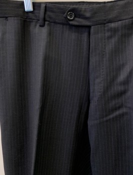 Mens, Suit, Pants, MATTARAZI UOMO, Charcoal Gray, White, Wool, Stripes - Pin, 36/29, F.F, Button Tab & Belt Loops, Slash Pockets