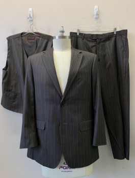 Mens, Suit, Jacket, GIORGIO FIRELLI, Brown, Wool, Stripes - Pin, 42R, 2 Button, Flap Pocket, Double Vent
