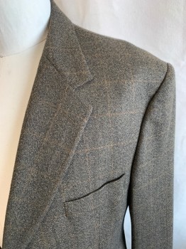 Mens, Sportcoat/Blazer, EVAN PICONE, Dk Brown, Tan Brown, Multi-color, Wool, Herringbone, Plaid-  Windowpane, 46XL, Single Breasted, 2 Buttons, 3 Pockets, Notched Lapel
