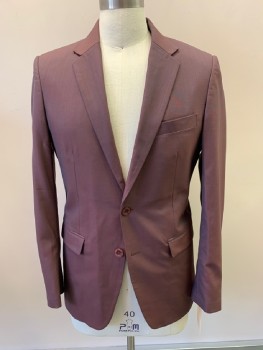 Mens, Sportcoat/Blazer, N/L, Plum Purple, Wool, Polyester, Solid, 40 S, 2 Buttons, Notched Lapel, 3 Pockets,