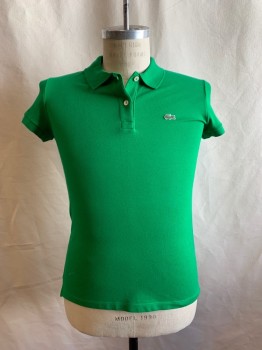 LACOSTE, Kelly Green, Cotton, Elastane, Solid, Short Sleeves, Collar Attached, Small Green Alligator on Left Chest