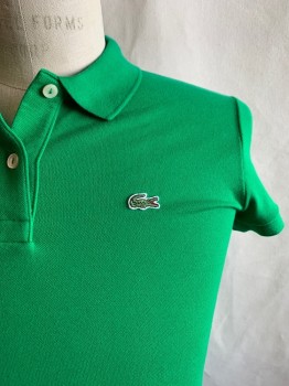 LACOSTE, Kelly Green, Cotton, Elastane, Solid, Short Sleeves, Collar Attached, Small Green Alligator on Left Chest