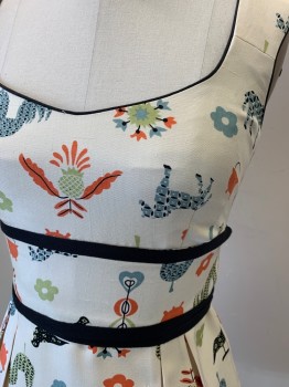 Womens, Top, NANETTE LEPONE, Ivory White, Multi-color, Silk, Novelty Pattern, 6, Slvls, Round Neck, Peplum, Zip Back, Bias Tape Waistband and Tie