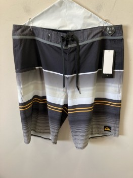 QUICK SILVER, Black, Gray, Yellow, Polyester, Stripes - Horizontal , Gradient Stripe, Board Short, Tie Waist, 1 Zip Pckt,