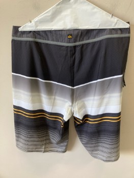 QUICK SILVER, Black, Gray, Yellow, Polyester, Stripes - Horizontal , Gradient Stripe, Board Short, Tie Waist, 1 Zip Pckt,