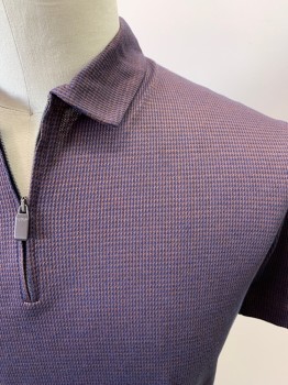 CANALI, Navy Blue, Chestnut Brown, Cotton, Houndstooth, S/S, Half Zip, Chrome Zipper Pull, Side Vents