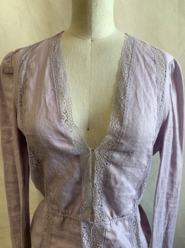 REFORMATION, Lilac Purple, Linen, V-N, Lace Trim, L/S, Gathered at Waist
