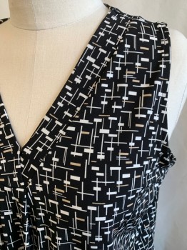 Womens, Top, WHT HOUSE BLK MKT, Black, White, Tan Brown, Synthetic, Geometric, Abstract , XL, Slvls, V-N, Pleat At Bust