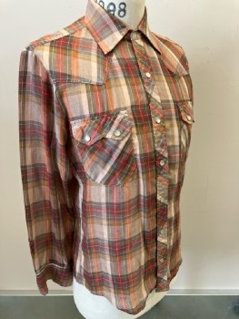 Mens, Western Shirt, NATIONAL SHIRT, 15.5, M, 34, Brown Taupe Red Orange Yellow Plaid, Polyester, Snap Front, L/S, C.A., 2 Snap Flap Pkts