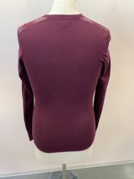 Mens, Pullover Sweater, BURBERRY, Plum Purple, Cashmere, Cotton, M, CN, L/S, Plaid Pattern On Shoulders