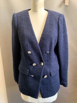 Womens, Blazer, CALVIN KLEIN, Navy Blue, Polyester, Cotton, Solid, 36, Double Breasted, 2 Pocket Flap, No Collar, Boucle Knit