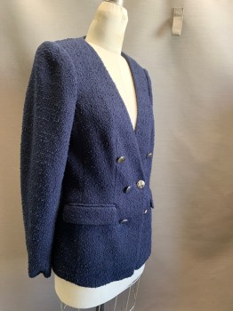 Womens, Blazer, CALVIN KLEIN, Navy Blue, Polyester, Cotton, Solid, 36, Double Breasted, 2 Pocket Flap, No Collar, Boucle Knit